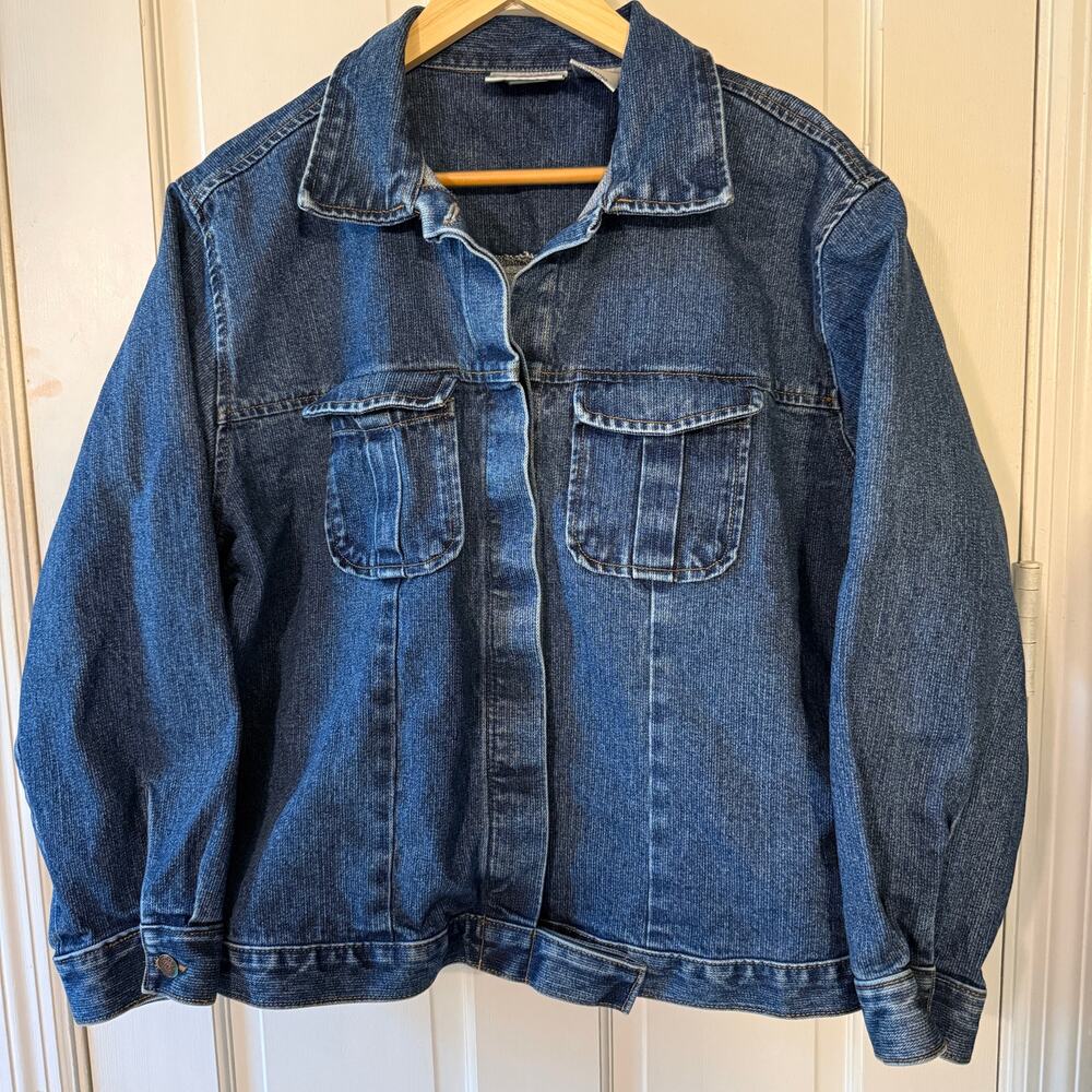 Vintage Bill Blass Denim Jacket 90s Dark Wash Cotton Hidden Button Women's XL
